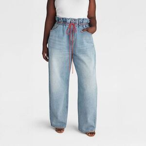 Wide Leg Paperbag Waist Jeans with Red Drawstring